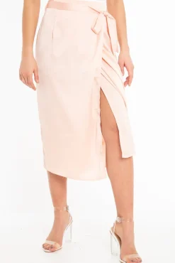 Rebellious Fashion Peach Wrap Tie Side Satin Midi Skirt - Mailah