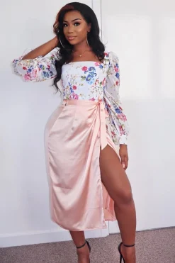 Rebellious Fashion Peach Wrap Tie Side Satin Midi Skirt - Mailah