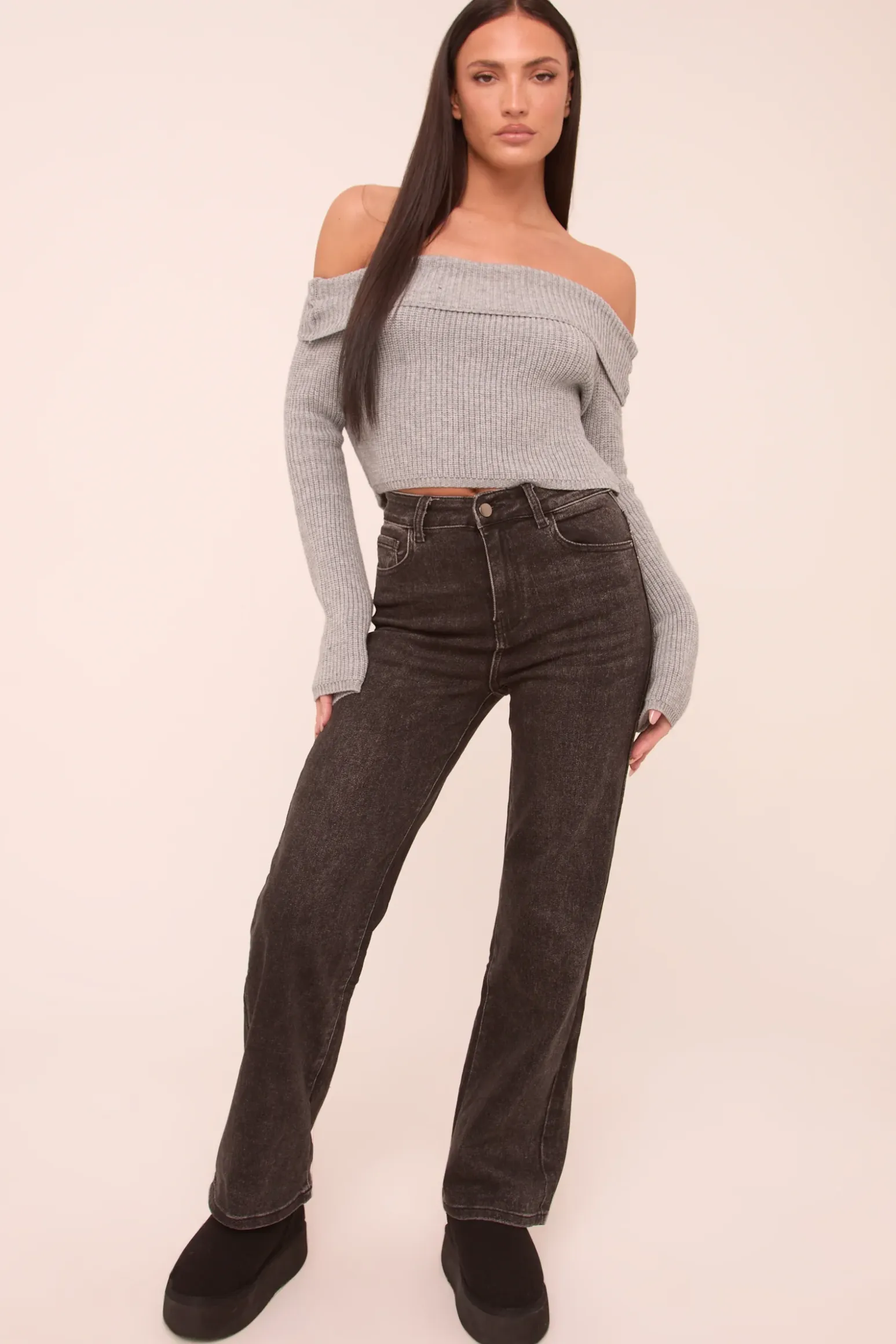 Rebellious Fashion Petite Charcoal Stretch Straight Leg Jeans - Scarlett