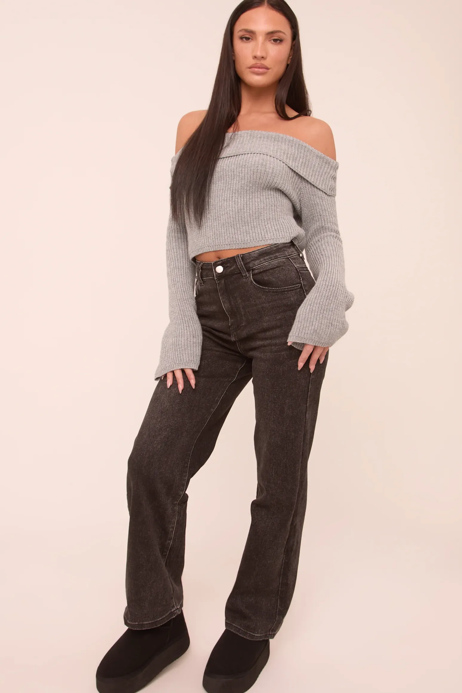 Rebellious Fashion Petite Charcoal Stretch Straight Leg Jeans - Scarlett