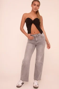 Rebellious Fashion Petite Dark Grey Stretch Straight Leg Frayed Hem Jeans - Scarlett