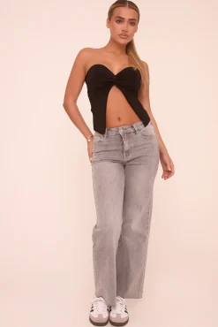 Rebellious Fashion Petite Dark Grey Stretch Straight Leg Frayed Hem Jeans - Scarlett