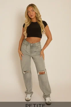 Rebellious Fashion Petite Grey Denim Distressed Knee Jeans - Ivelisse
