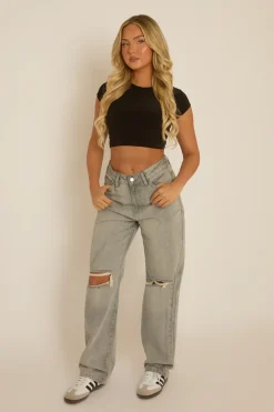 Rebellious Fashion Petite Grey Denim Distressed Knee Jeans - Ivelisse