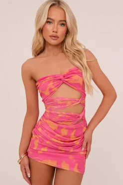 Rebellious Fashion Pink Abstract Print Cut Out Bodycon Mini Dress - Leah