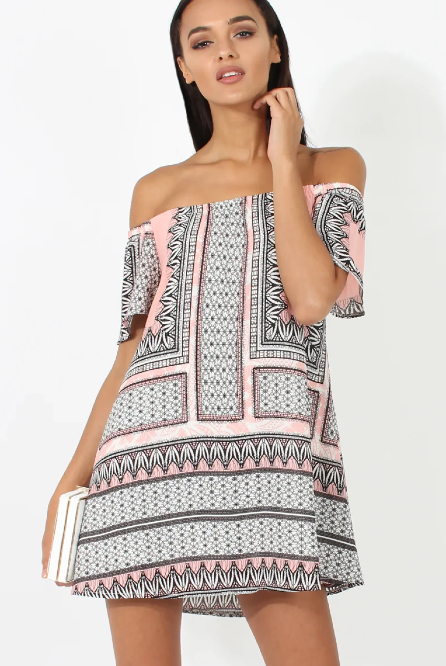 Rebellious Fashion Pink & Black Print Bardot Dress - July