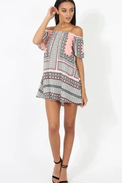 Rebellious Fashion Pink & Black Print Bardot Dress - July
