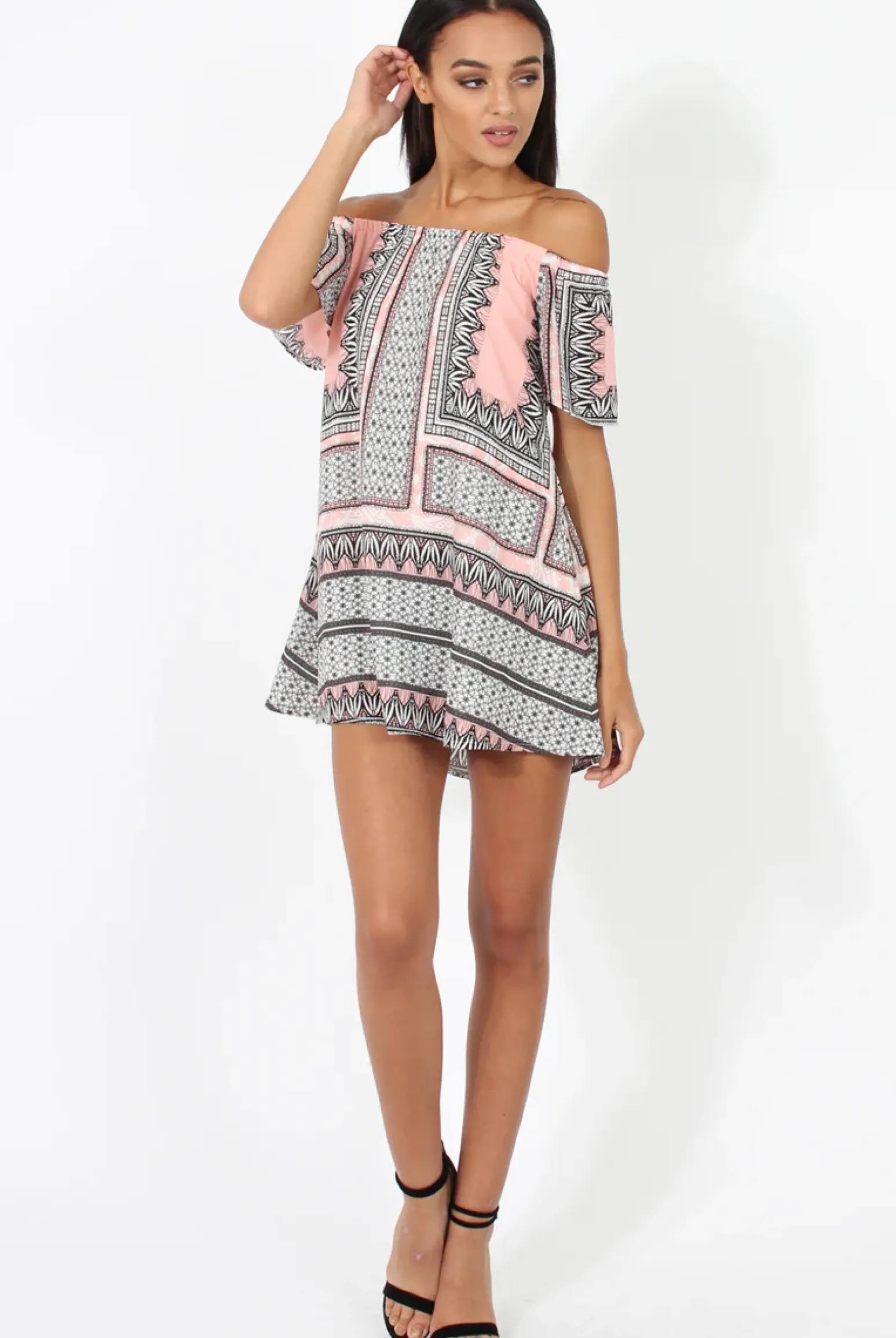 Rebellious Fashion Pink & Black Print Bardot Dress - July