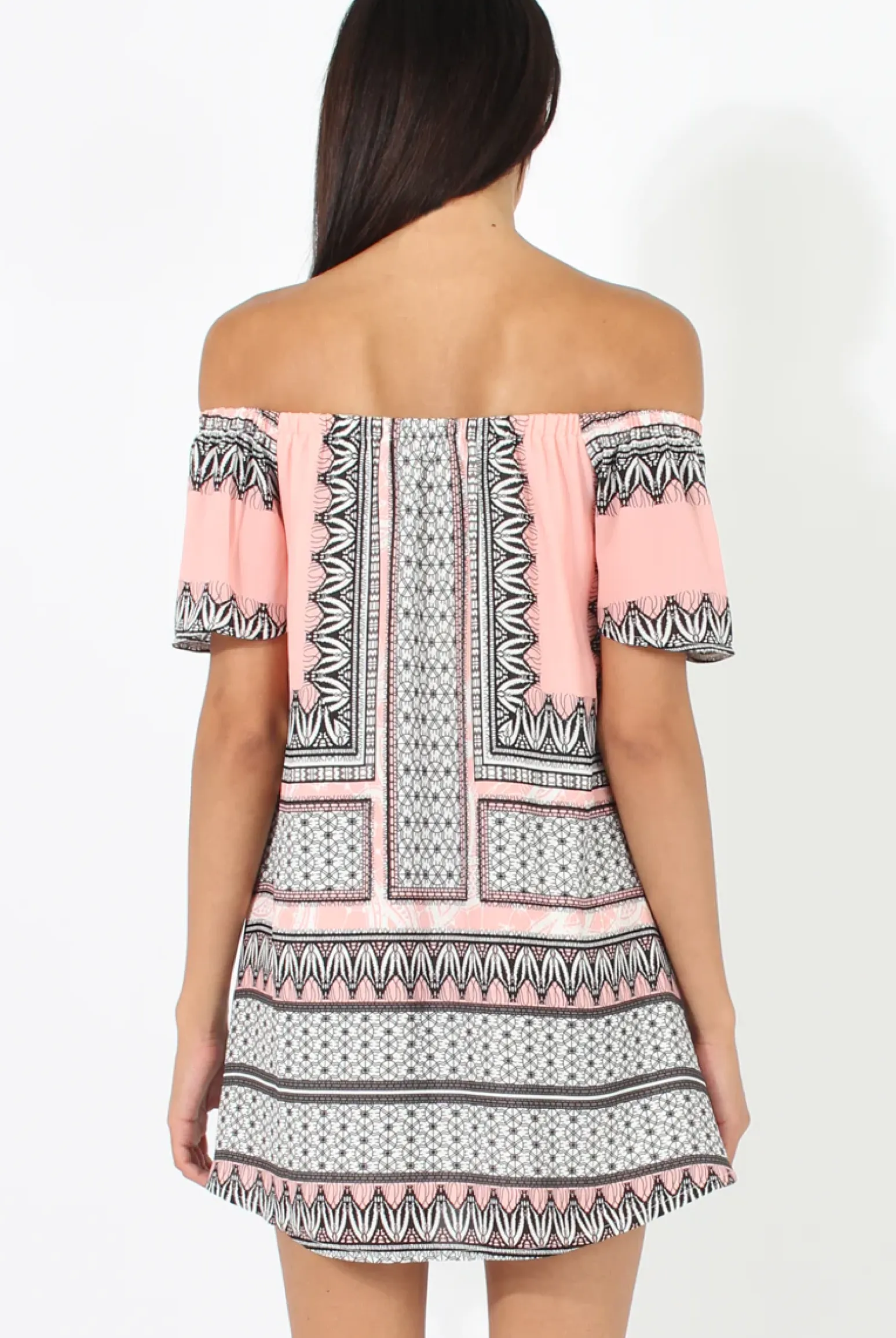 Rebellious Fashion Pink & Black Print Bardot Dress - July