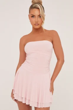 Rebellious Fashion Pink Bandeau Ruched Skater Mini Dress - Sifan