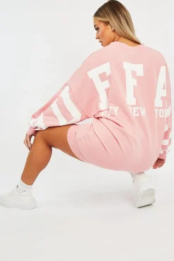 Rebellious Fashion Pink Buffalo New York Slogan Sweater Dress - Nazaria