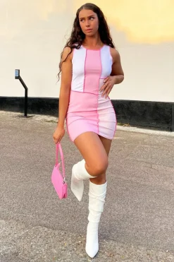 Rebellious Fashion Pink Colour Block Contrast Stitch Mini Dress - Jahlia
