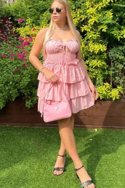 Rebellious Fashion Pink Frill Detail Tiered Cut Out Mini Dress - Daneen
