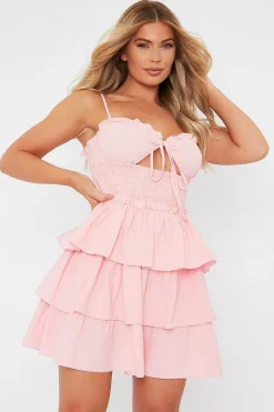 Rebellious Fashion Pink Frill Detail Tiered Cut Out Mini Dress - Daneen