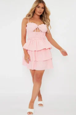 Rebellious Fashion Pink Frill Detail Tiered Cut Out Mini Dress - Daneen