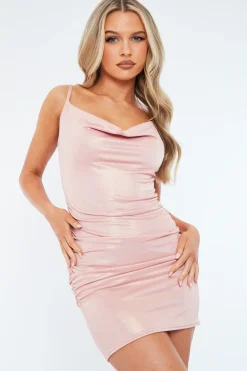 Rebellious Fashion Pink Glitter Cowl Neck Mini Dress - Elsa