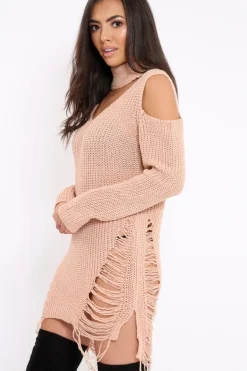 Rebellious Fashion Pink Knitted Cut Out Front Cold Shoulder Distressed Jumper Dress - Jamie