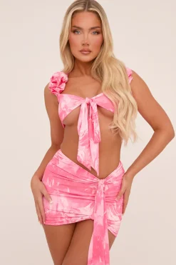 Rebellious Fashion Pink Marble Print Tie Front Cropped Top & Mini Skirt Co-ord Set - Varii