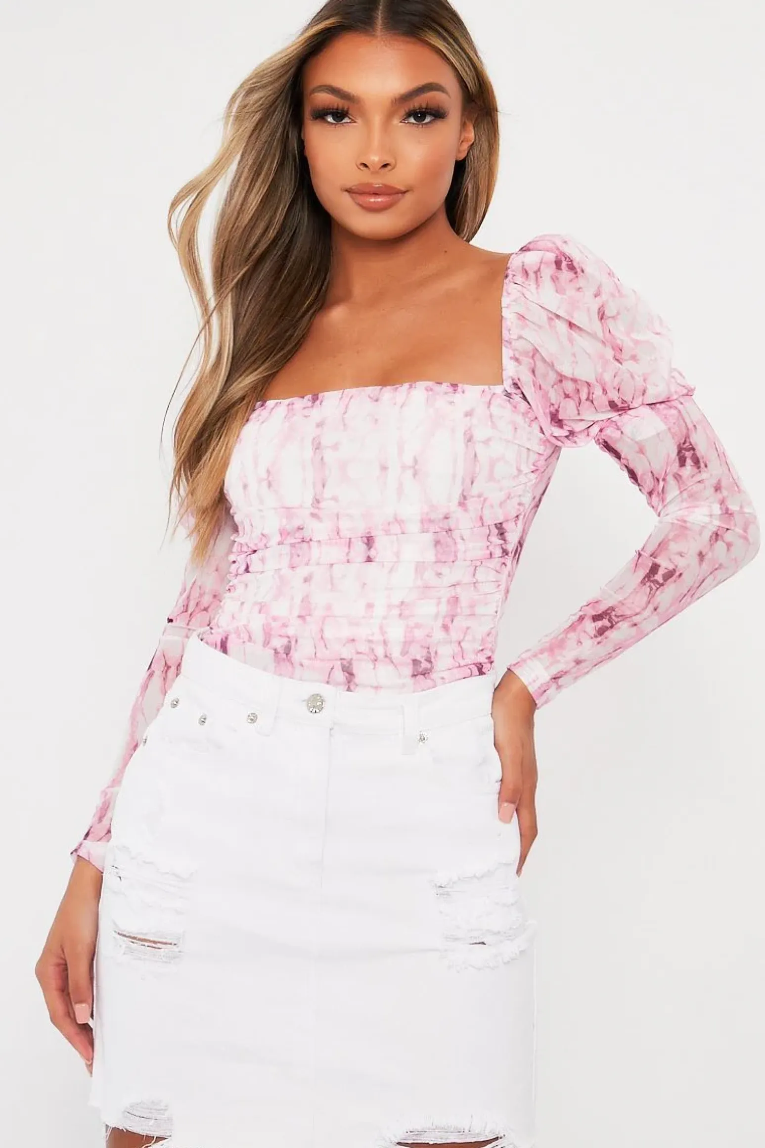 Rebellious Fashion Pink Marble Puff Sleeve Bodysuit - Deana