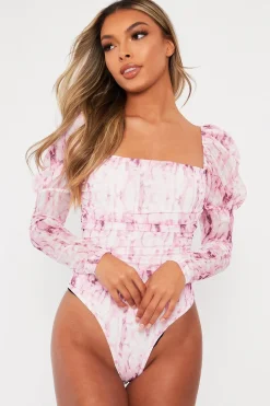 Rebellious Fashion Pink Marble Puff Sleeve Bodysuit - Deana