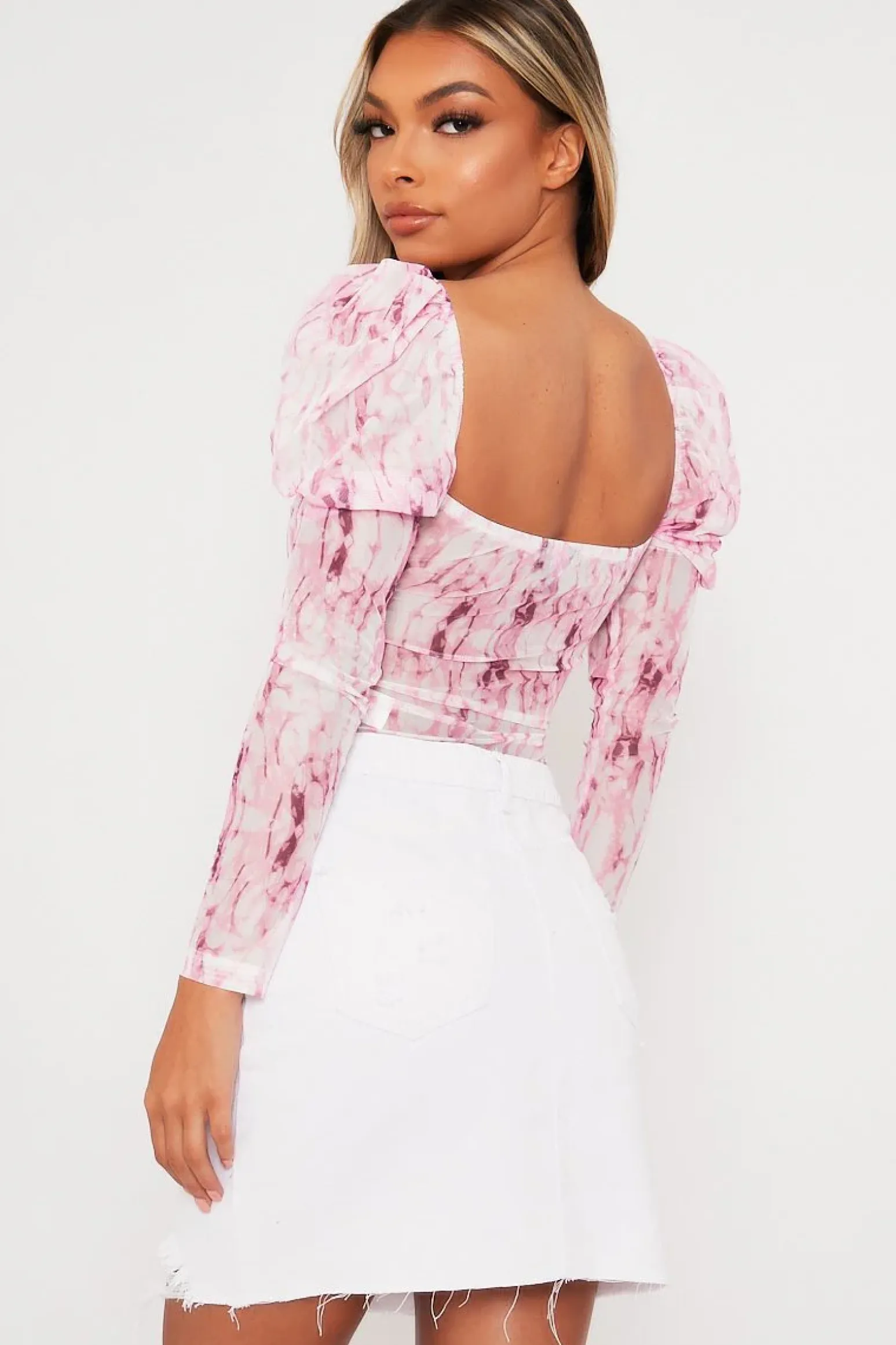 Rebellious Fashion Pink Marble Puff Sleeve Bodysuit - Deana