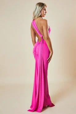 Rebellious Fashion Pink One Shoulder Backless Ruched Maxi Dress - Mai
