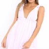 Rebellious Fashion Pink Pinstripe Plunge Dress - Tilia