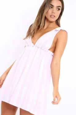 Rebellious Fashion Pink Pinstripe Plunge Dress - Tilia