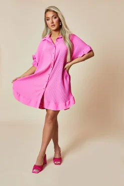 Rebellious Fashion Pink Plisse Detail Frill Hem Oversized Dress - Sakura