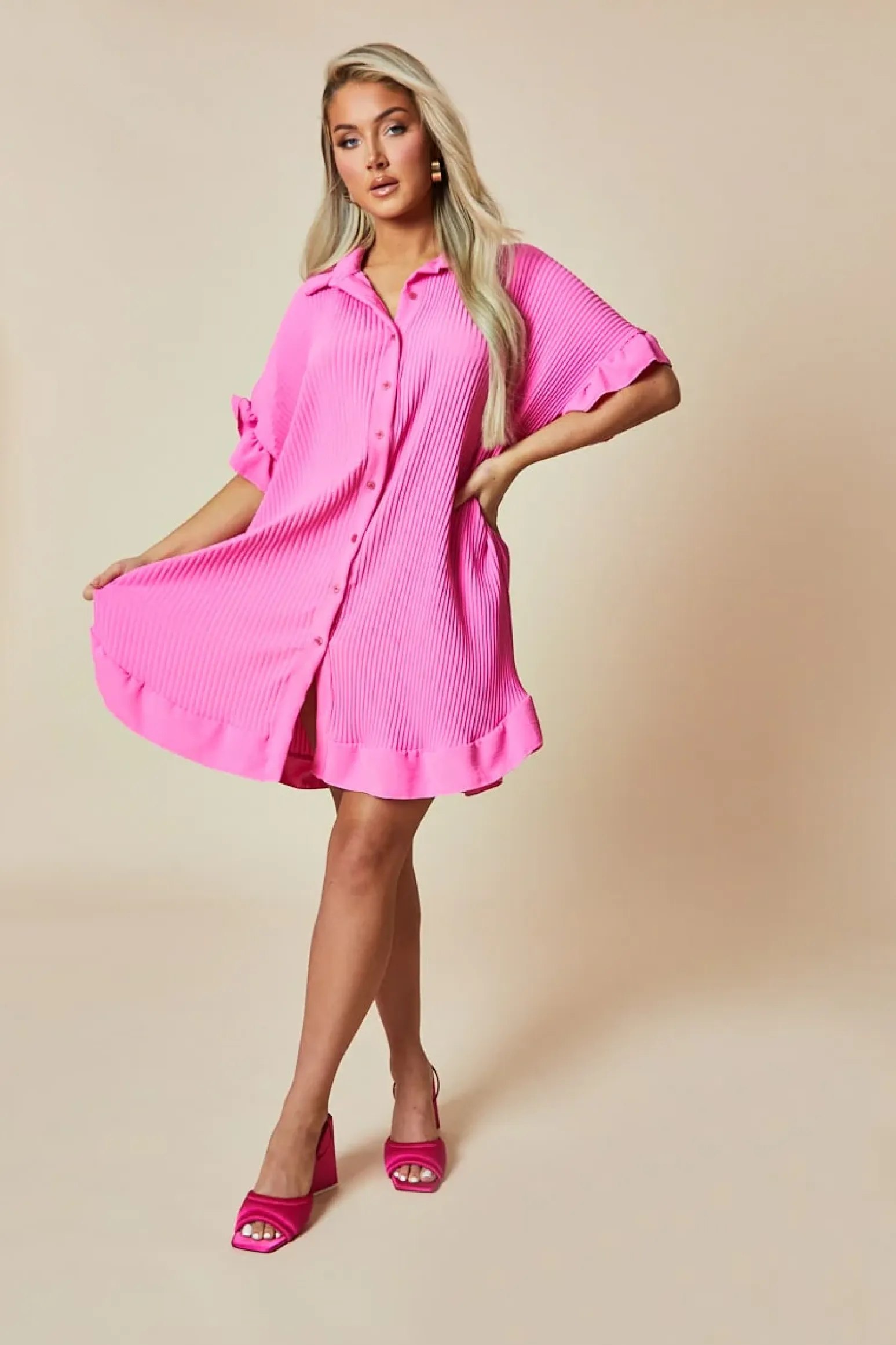 Rebellious Fashion Pink Plisse Detail Frill Hem Oversized Dress - Sakura