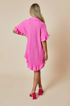 Rebellious Fashion Pink Plisse Detail Frill Hem Oversized Dress - Sakura