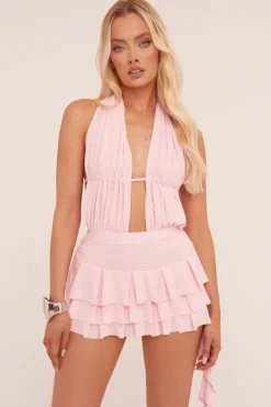 Rebellious Fashion Pink Plunge Neck Frill Detail Mini Dress - Swan