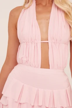 Rebellious Fashion Pink Plunge Neck Frill Detail Mini Dress - Swan