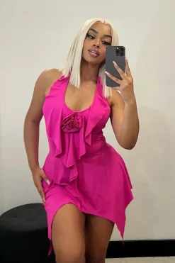 Rebellious Fashion Pink Rosette Detail Halter Neck Asymmetric Dress - Azami
