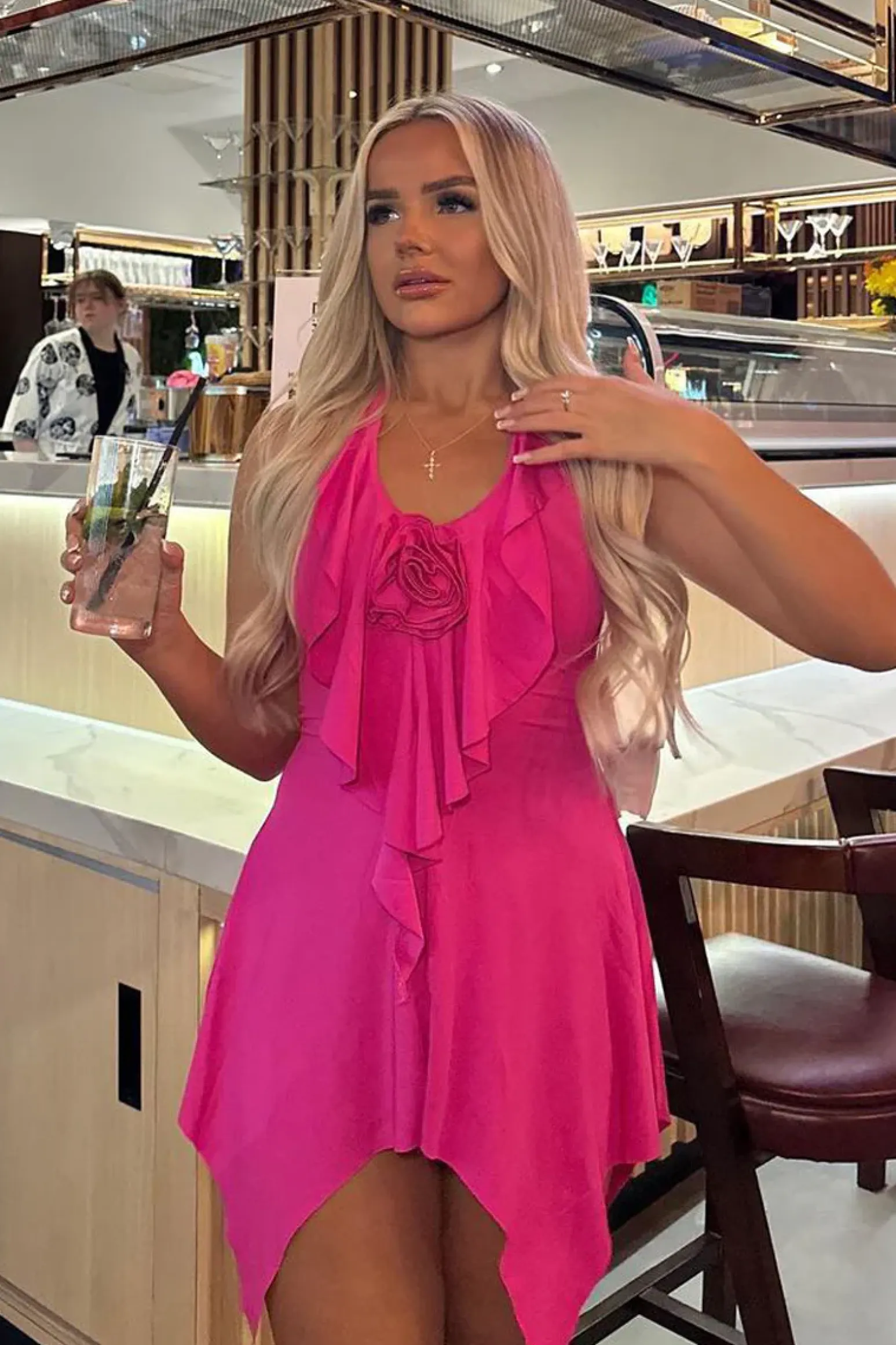 Rebellious Fashion Pink Rosette Detail Halter Neck Asymmetric Dress - Azami
