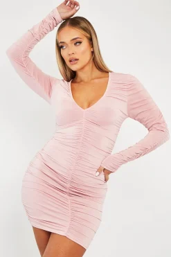 Rebellious Fashion Pink Ruched Detail Slinky Mini Dress - Demmi