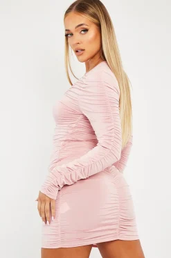 Rebellious Fashion Pink Ruched Detail Slinky Mini Dress - Demmi