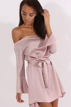 Rebellious Fashion Pink Silky Bardot Tie Waist Dress - Esther
