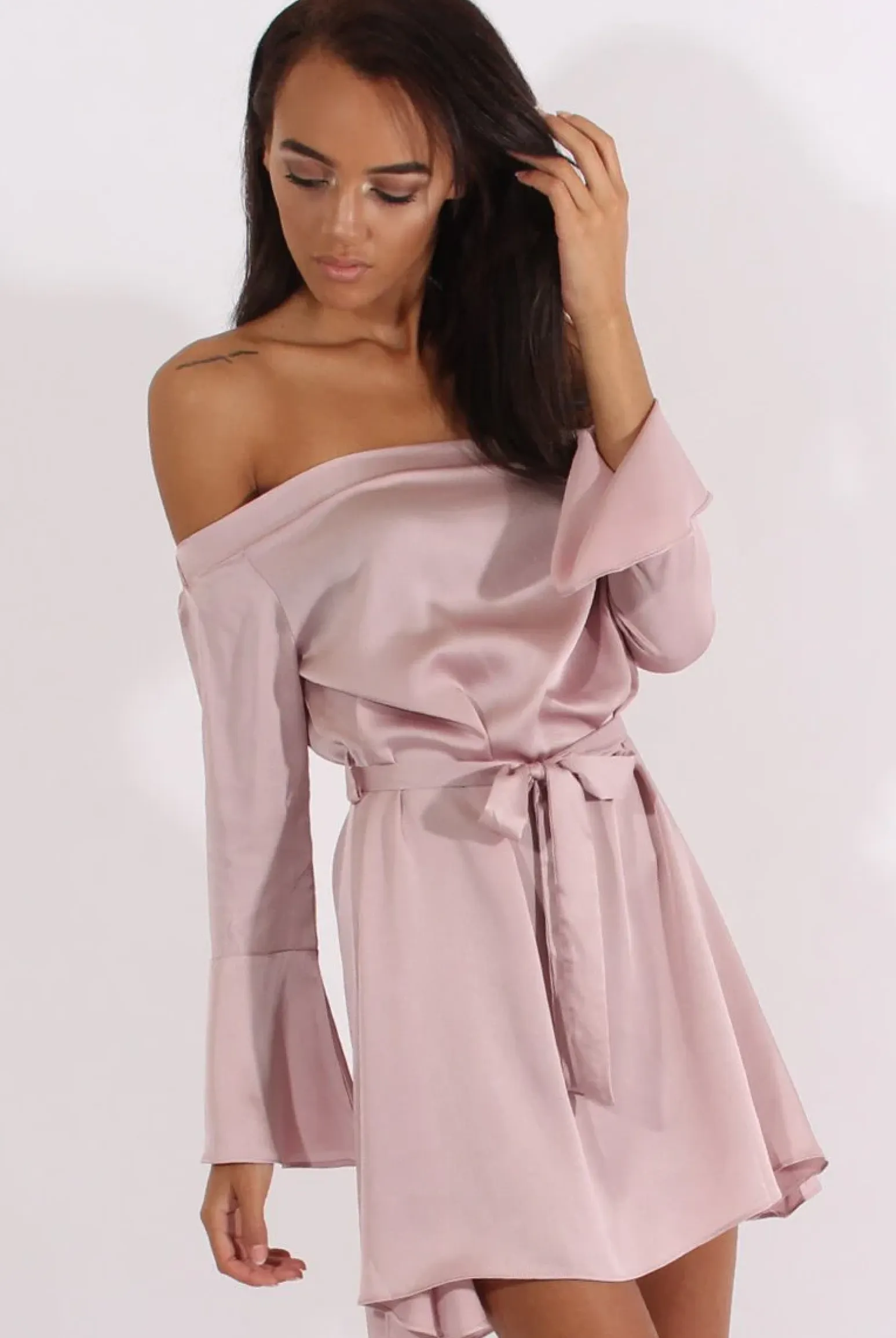 Rebellious Fashion Pink Silky Bardot Tie Waist Dress - Esther