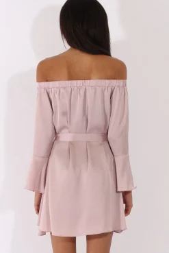 Rebellious Fashion Pink Silky Bardot Tie Waist Dress - Esther