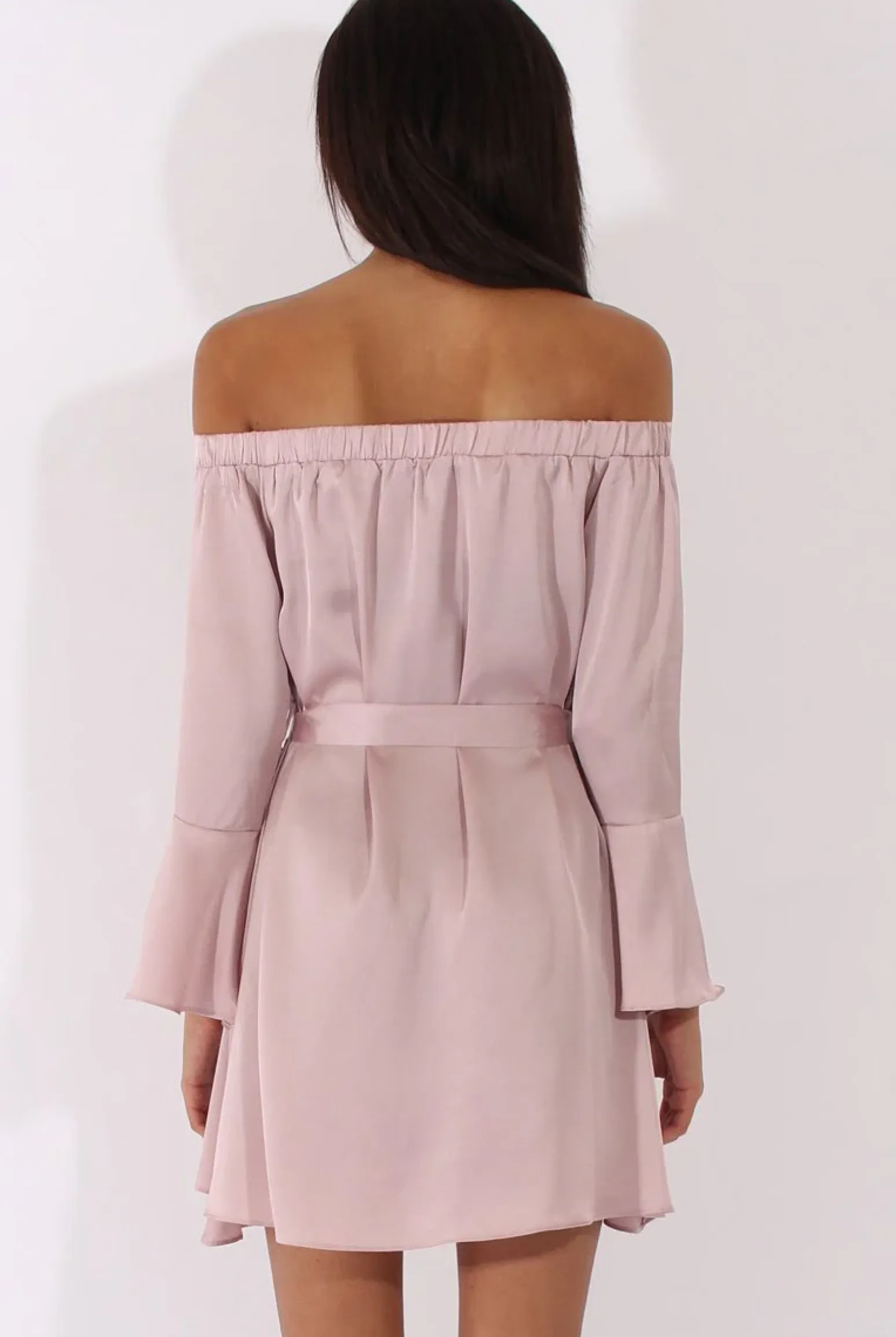 Rebellious Fashion Pink Silky Bardot Tie Waist Dress - Esther