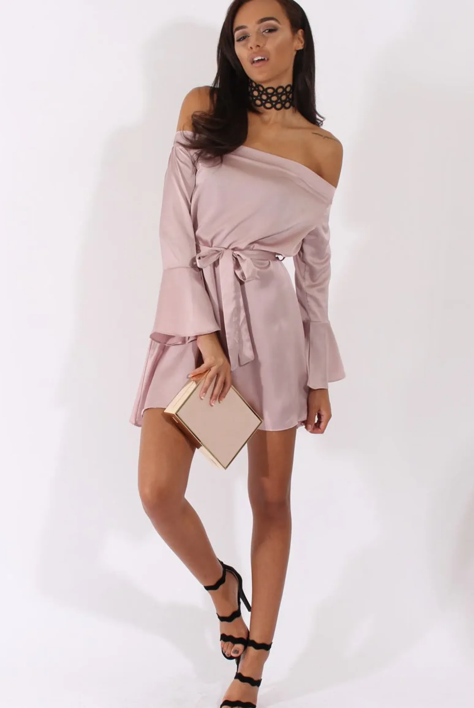 Rebellious Fashion Pink Silky Bardot Tie Waist Dress - Esther