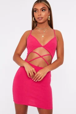Rebellious Fashion Pink Strappy Front Cut Out Ribbed Mini Dress - Riata