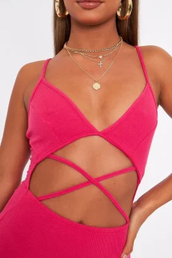 Rebellious Fashion Pink Strappy Front Cut Out Ribbed Mini Dress - Riata