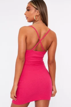 Rebellious Fashion Pink Strappy Front Cut Out Ribbed Mini Dress - Riata