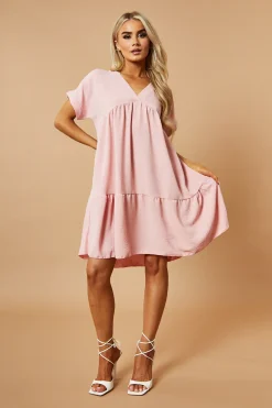 Rebellious Fashion Pink V-Neck Tiered Frill Mini Dress - Kate