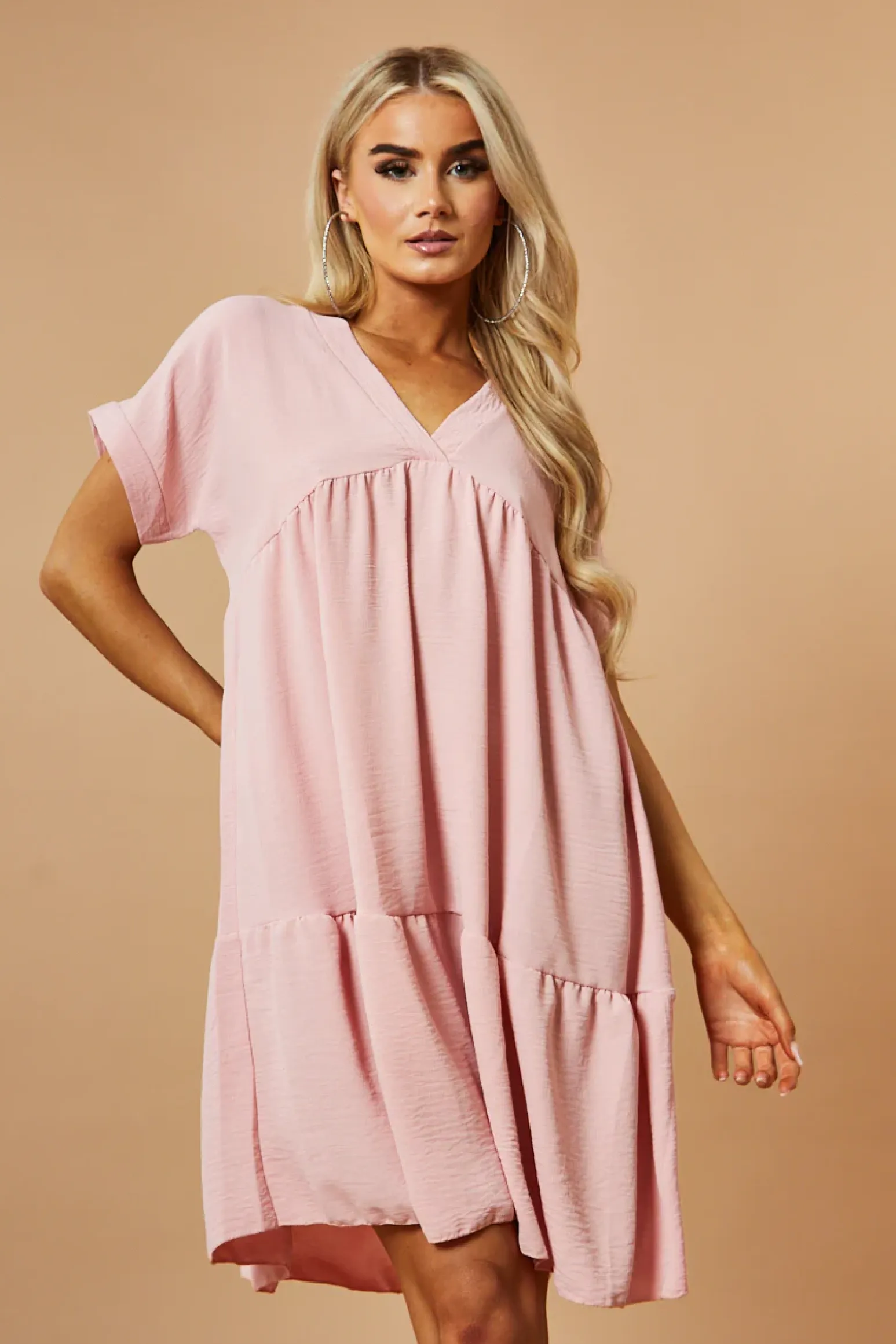 Rebellious Fashion Pink V-Neck Tiered Frill Mini Dress - Kate