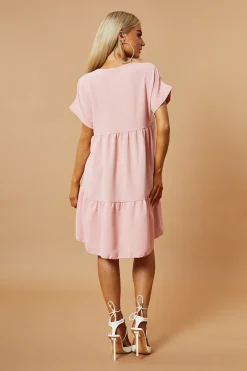 Rebellious Fashion Pink V-Neck Tiered Frill Mini Dress - Kate