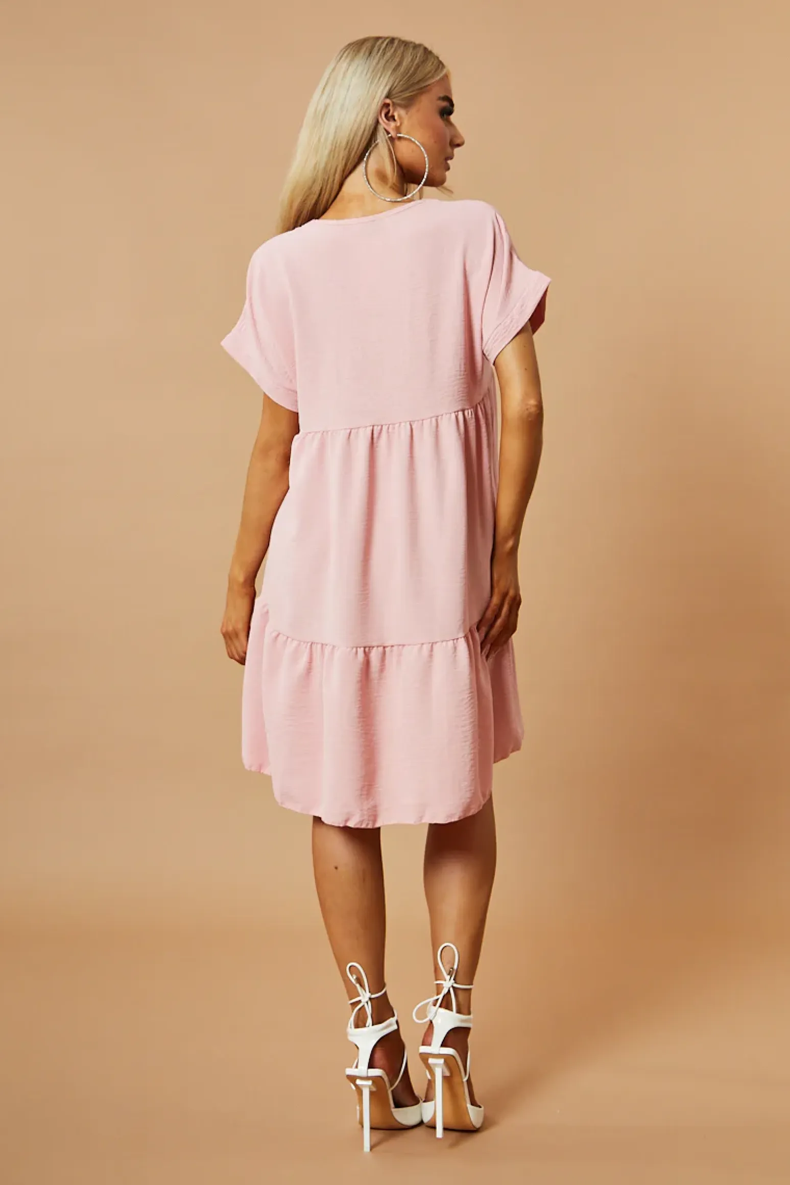 Rebellious Fashion Pink V-Neck Tiered Frill Mini Dress - Kate