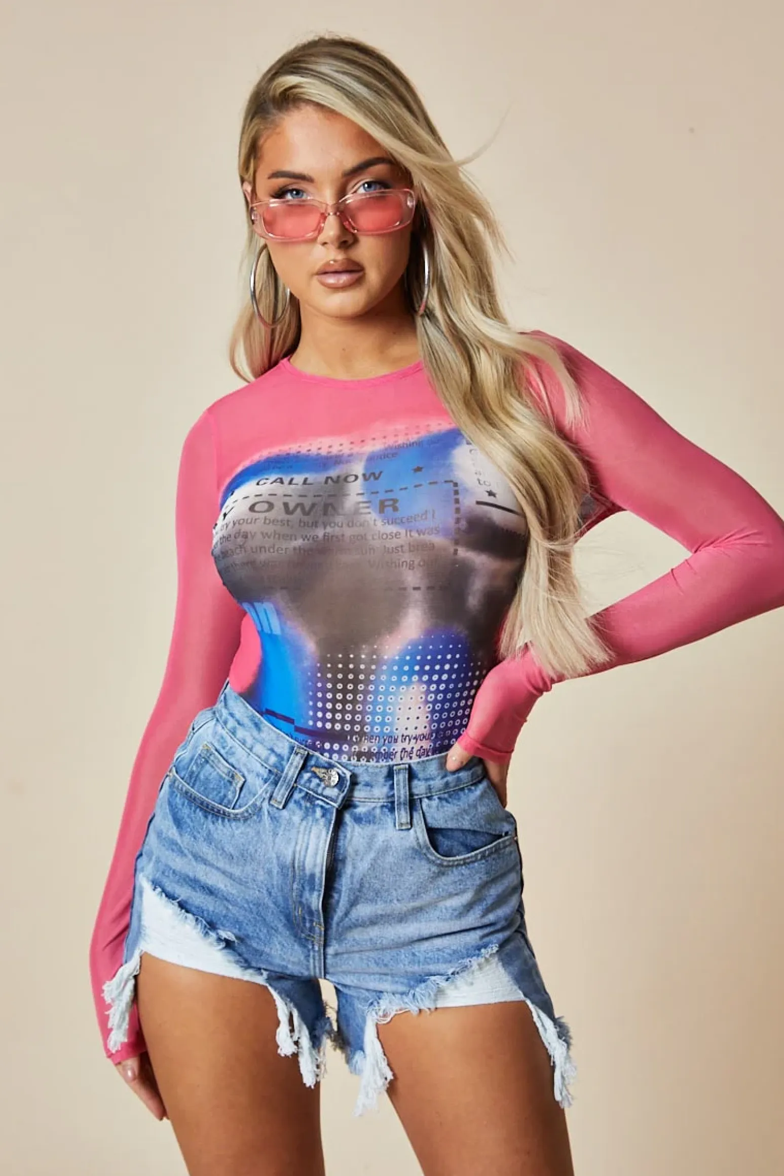 Rebellious Fashion Pink Abstract Body Print Long Sleeve Bodysuit - Elena